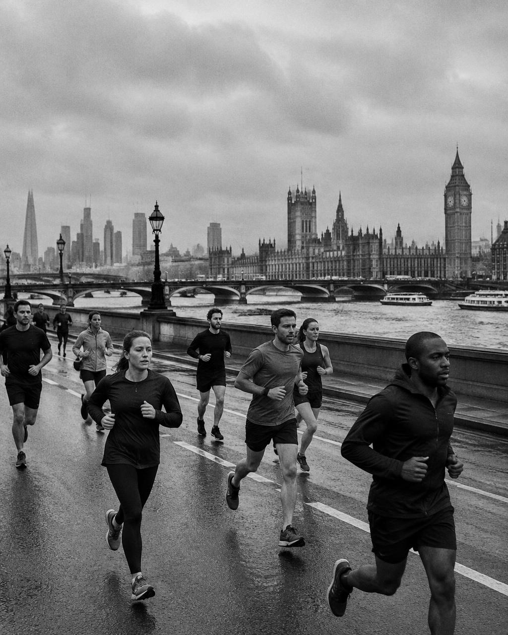 Runners on a road beside the Thames